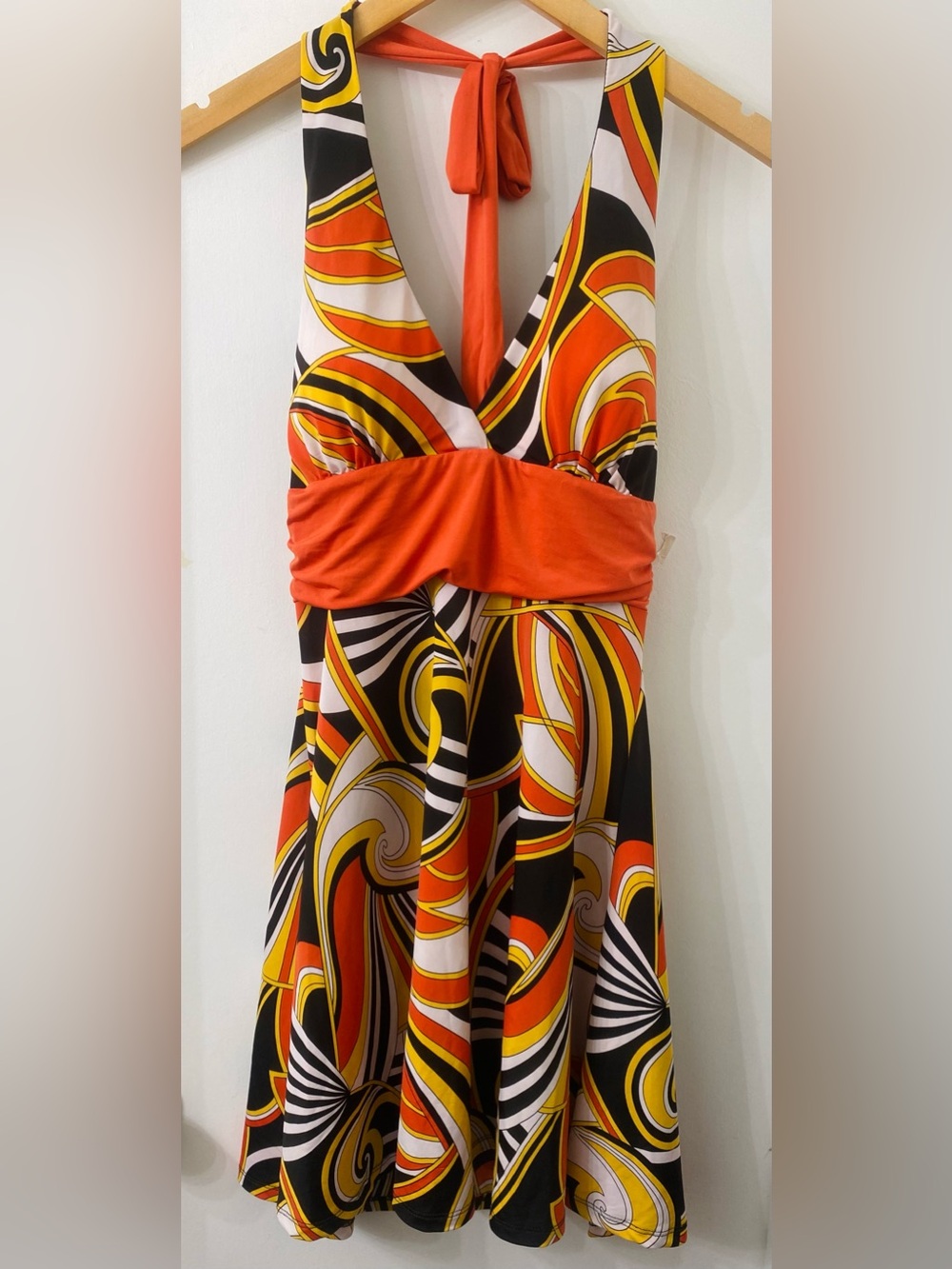 Body Central Halter Mini Dress in Orange, Black & Yellow Swirl
